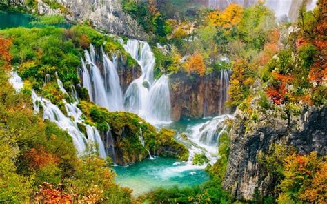 Download Wallpapers Plitvice Lakes Waterfalls Lakes Autumn Forest
