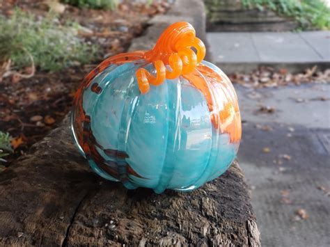 Glass Pumpkins Set Of Two Orange And Teal Pair Of 55 Etsy