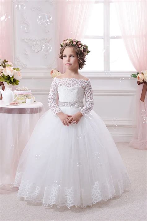 long sleeve lace white flower girls dresses for weddings party tulle ball gown cheap 2016 girls