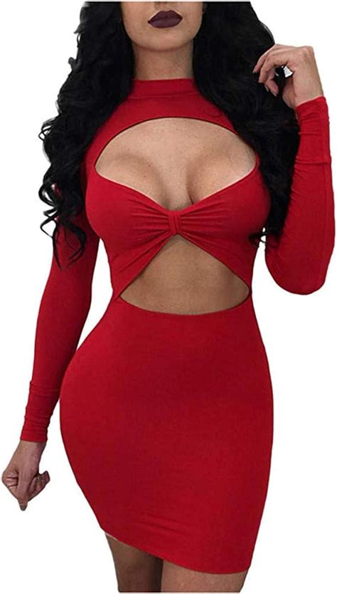Amazon Com Sexy Hollow Out Dress Long Sleeves Solid Color Above Knee