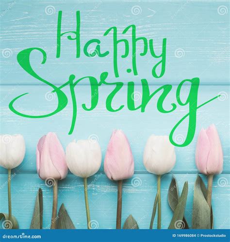 Happy Spring Text With Flowers On Whitewashed Wood Stock Photo Image