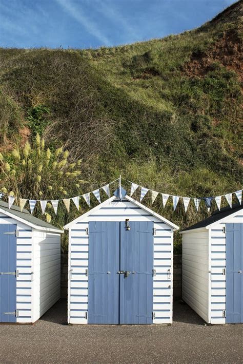 Blue And White Beach Huts At Seaton Devon Uk Stock Image Image Of