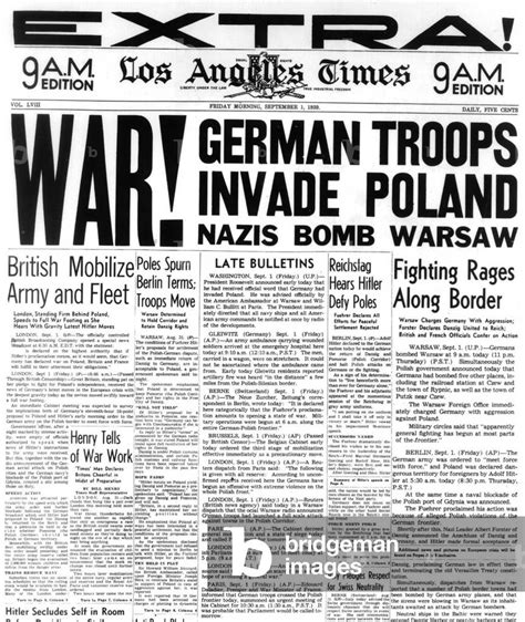 Image Of Frontpage Of American Newspaper Los Angeles Times September 1st 1939
