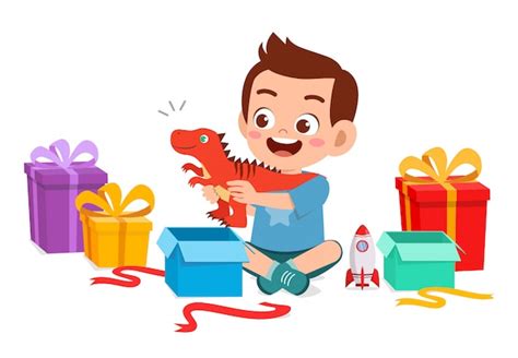 Regalo Abierto Feliz Lindo Niño Pequeño Niño De Cumpleaños Vector Premium