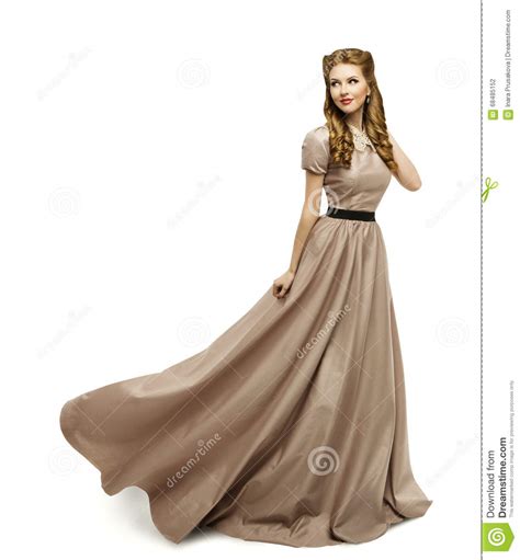 Woman Brown Dress Fashion Model In Long Gown Turning