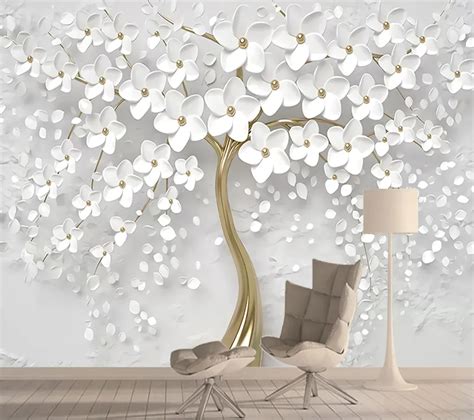 White Flower Tree Mural Wallpaper