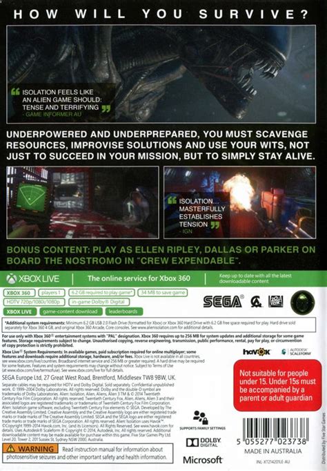 Alien Isolation Nostromo Edition 2014 Xbox 360 Box Cover Art