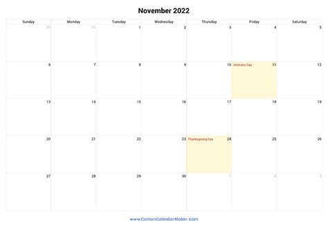 November 2022 Printable Calendar With Us Federal Holidays