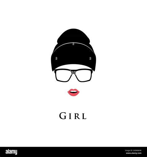 Young Beautiful Girl Glasses Hat And With Lipstick On A White Background Black And White