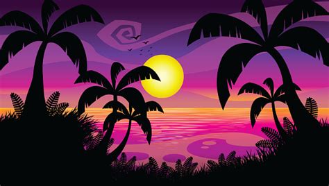 Purple Sunset Cartoon Flat Design Stock Illustration Download Image