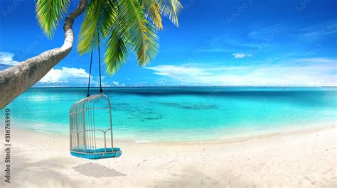 Beautiful Tropical Beach With White Sand Turquoise Ocean On Background