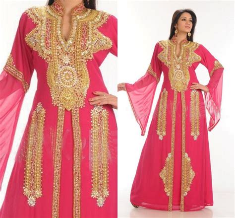 Long Kaftan Chiffon Prom Dress Islamic Arabian Long Sleeves Evening Dress With Gold Sequins