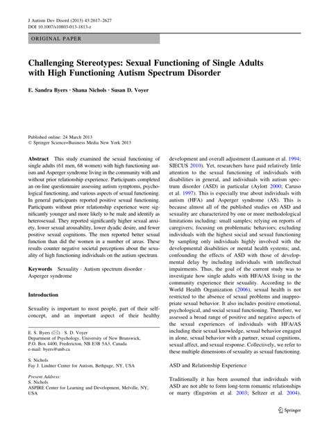Pdf Challenging Stereotypes Sexual Functioning Of Single Adults With High Functioning Autism