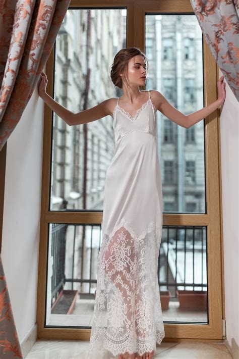 Long Silk Nightgown With Lace F38 Bridal Lingerie Wedding Etsy