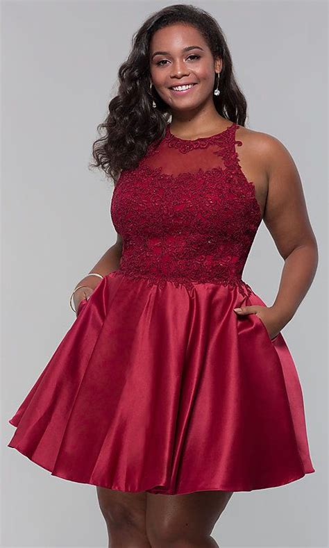 image of plus size short homecoming dress with lace accents style dq 3028p front image plus