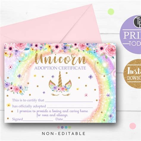 Adopt A Unicorn Certificate Printable Unicorn Party Game Etsy Australia