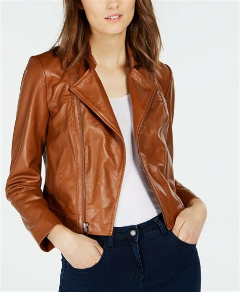 Michael Kors Women's Leather Moto Jacket Cognac LARGE