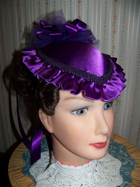 ladies civil war victorian hat and reticule purple satin teardrop hat with satin ruffle and