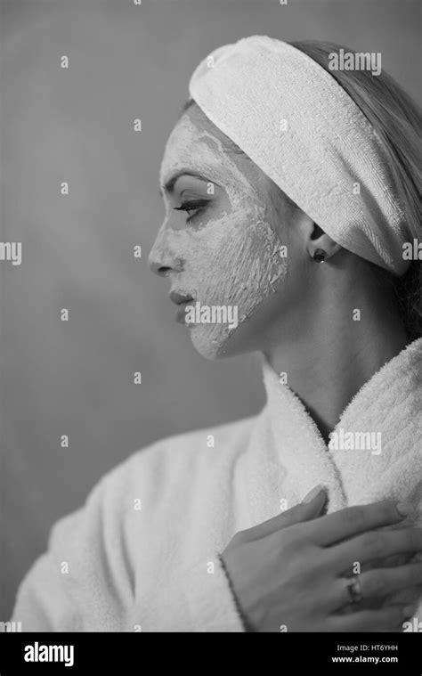 Spa Woman Applying Facial Mask Beauty Treatments Close Up Portrait Of