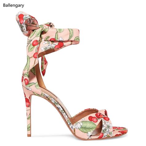 2018 New Summer Ankle Tie Stiletto Cherry Blossom Print High Heels