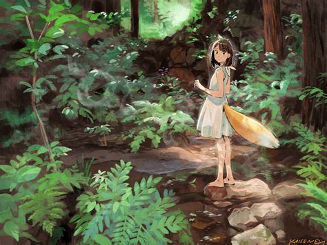 Barefoot Brown Eyes Brown Hair Dress Forest Green Original Short Hair Signed Tail Tree Umishima