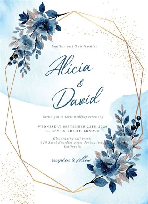 An Elegant Wedding Card With Blue Flowers And Gold Foil On The Front