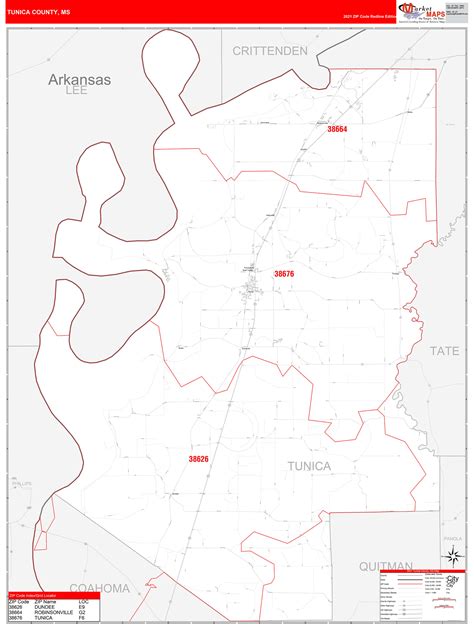 Tunica County Ms Zip Code Wall Map Red Line Style By Marketmaps