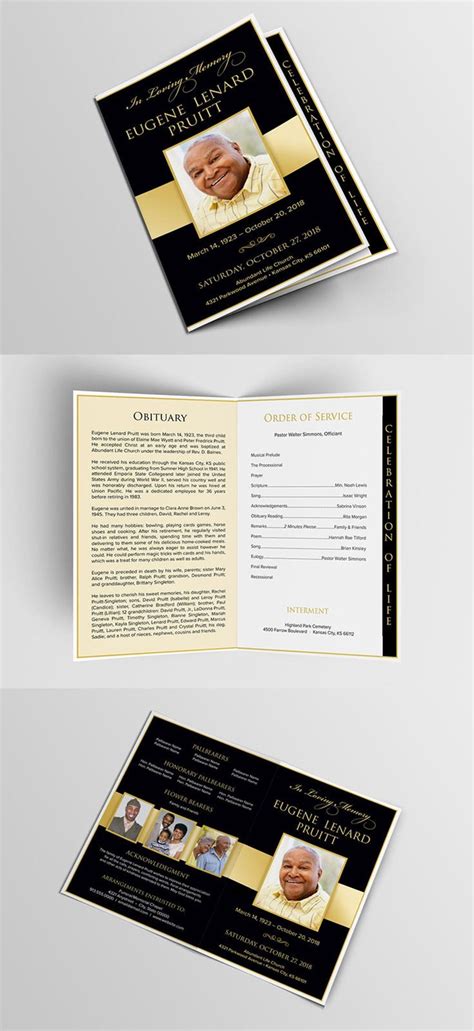 Funeral Program Template Graduated Fold Black And Gold Etsy Funeral