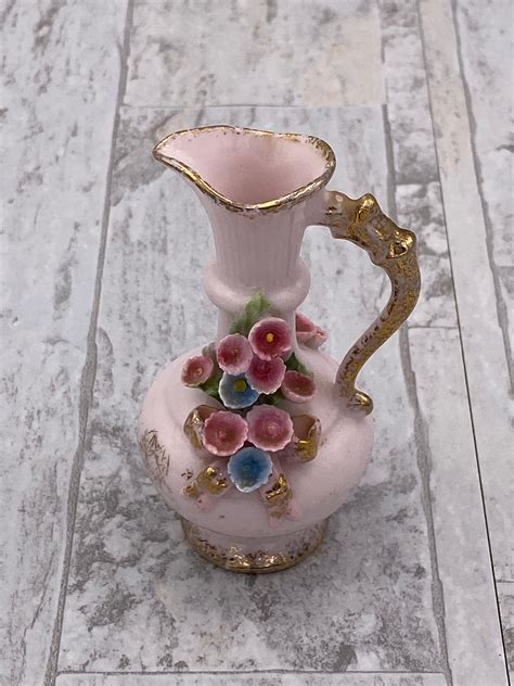 Miniature Pink Porcelain Vase Applied Roses Vintage Lefton Pitcher Shabby Chic T For Her