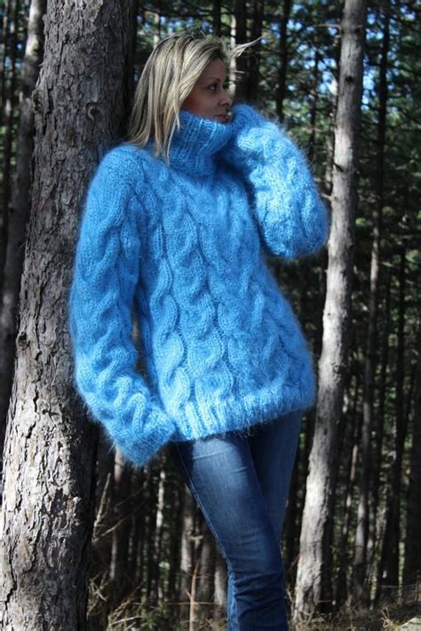 Cable Hand Knitted Mohair Sweater Turtleneck Fuzzy Blue Created And Designed By Extravagantza