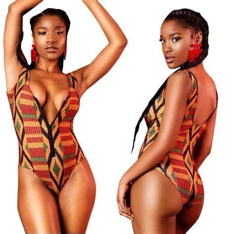 New Sexy African Swimwear Digital Print Deep V Female Bodysuit One Piece Swimsuit Zipper