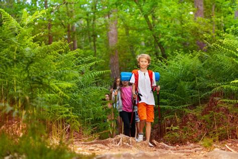 Group Of Kids Boys And Girls On Hiking Trail Stock Image Image Of