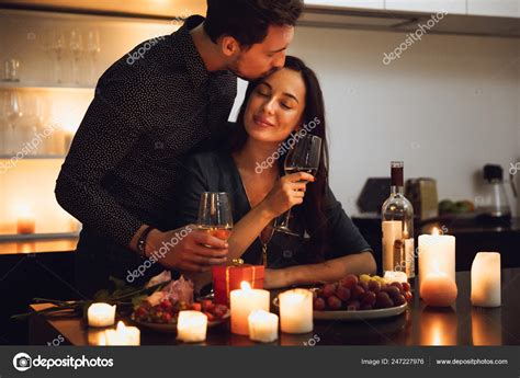 Beautiful Passionate Couple Having Romantic Candlelight Dinner Home