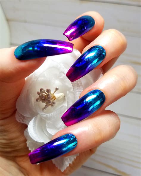 Blue Purple Designer Press On Nails Chrome Ombré Custom Etsy