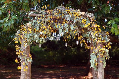 Figure out your design, buy vases and floral supplies, practice, buy your wedding flowers right before the wedding, put centerpieces together, and have enough space in a vehicle to transport. enchanted fall wedding arbor sage yellow and wood