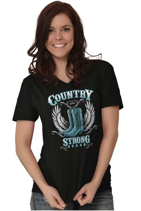 Country Strong V Neck T Shirts Tshirt For Womens Western Cowgirl Boots