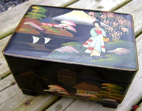 Vintage Wooden Jewellery Music Box Mt Fuji Geisha Japanese Cherry