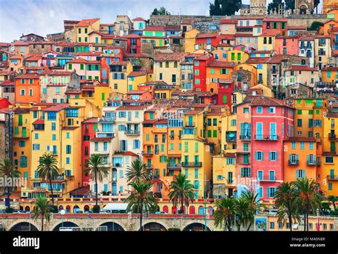 Colorful Houses In Old Part Of Menton French Riviera France Stock