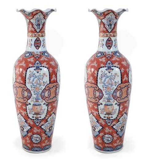 Pair Of Chinese Monumental Imari Style Monumental Orange Porcelain Vases