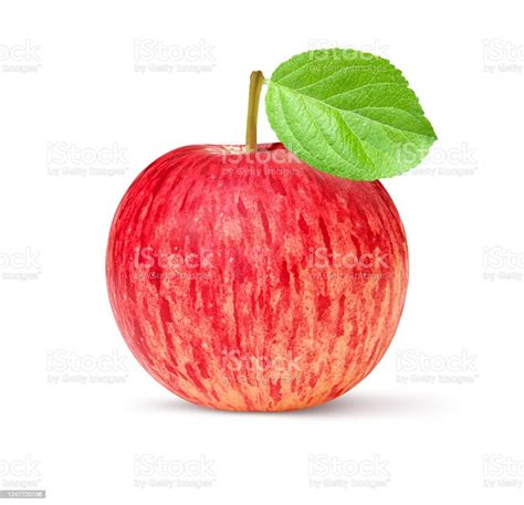 One Red Apple With Green Leaf Isolated On White With Clipping Path