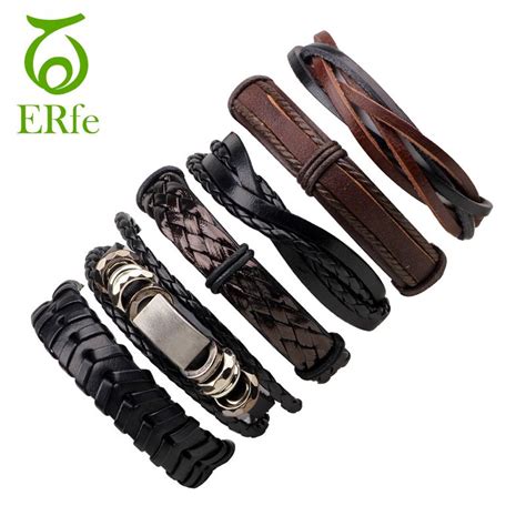 ER 6pcs Punk Rock Style Leather Bracelet Men Cuff Wristband Male