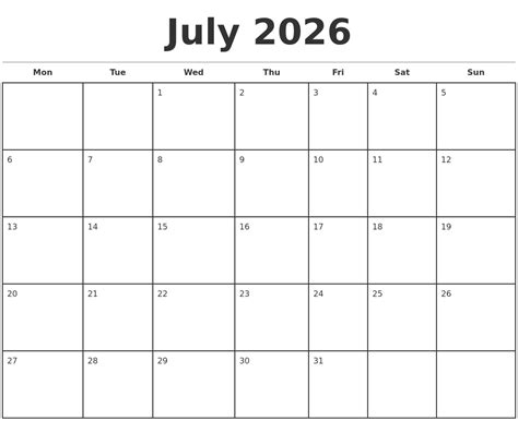 July 2026 Monthly Calendar Template