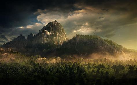 Art Nature Forest Clouds Photoshop Fantasy Mountain Wallpaper