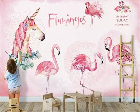 Beibehang Mural Nordic Pink Flamingo Unicorn Wall Mural