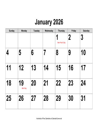 Free 2026 Large Number Calendar Landscape With Holidays