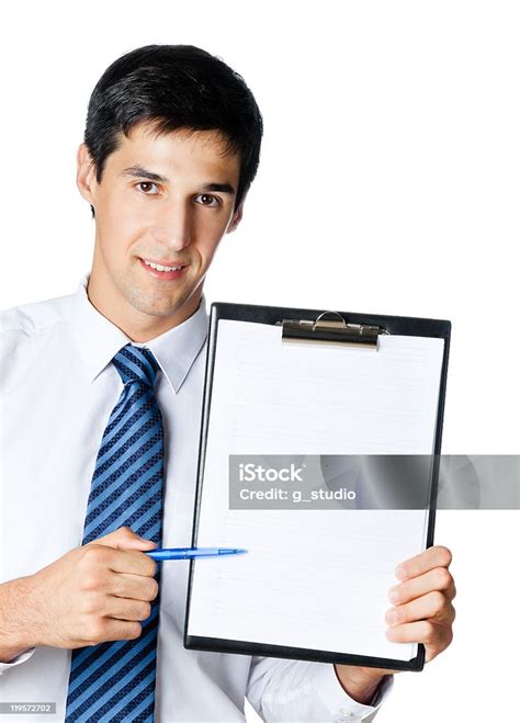 Businessman Showing Clipboard Isolated On White Stock Photo Download