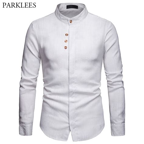 Mens White Linen Shirt Casual Mandarin Collar Long Sleeve Male Fly