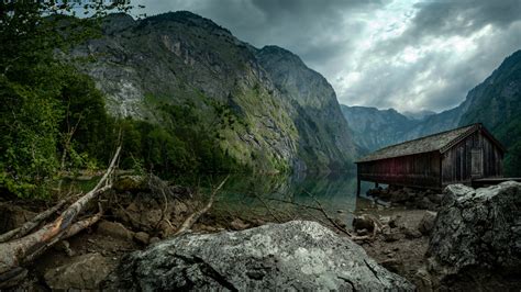 Boathouse Near Lake Around Mountains Under Clouds Germany Hd Nature