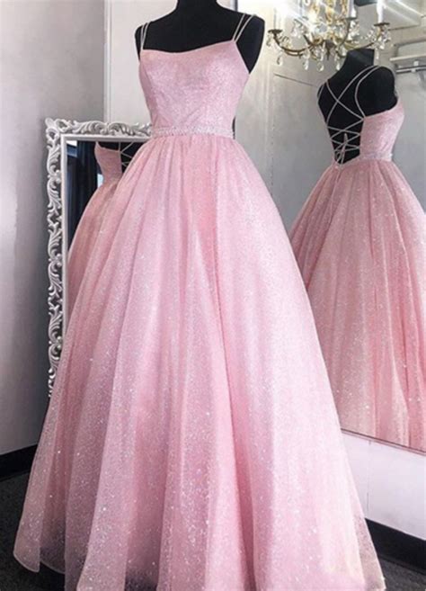 Pink Sequin Tulle Prom Dresses Sparkle Prom Dresses A Line Prom
