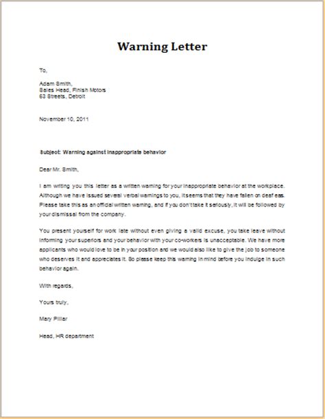 warning letter  inappropriate behavior word excel